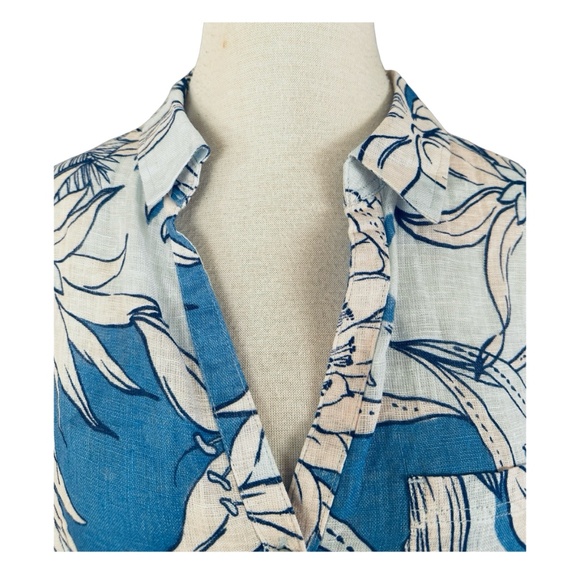 H HALSTON Linen Floral Shirt Top Size L Button-Up Short Sleeve Blue White - Picture 3 of 8